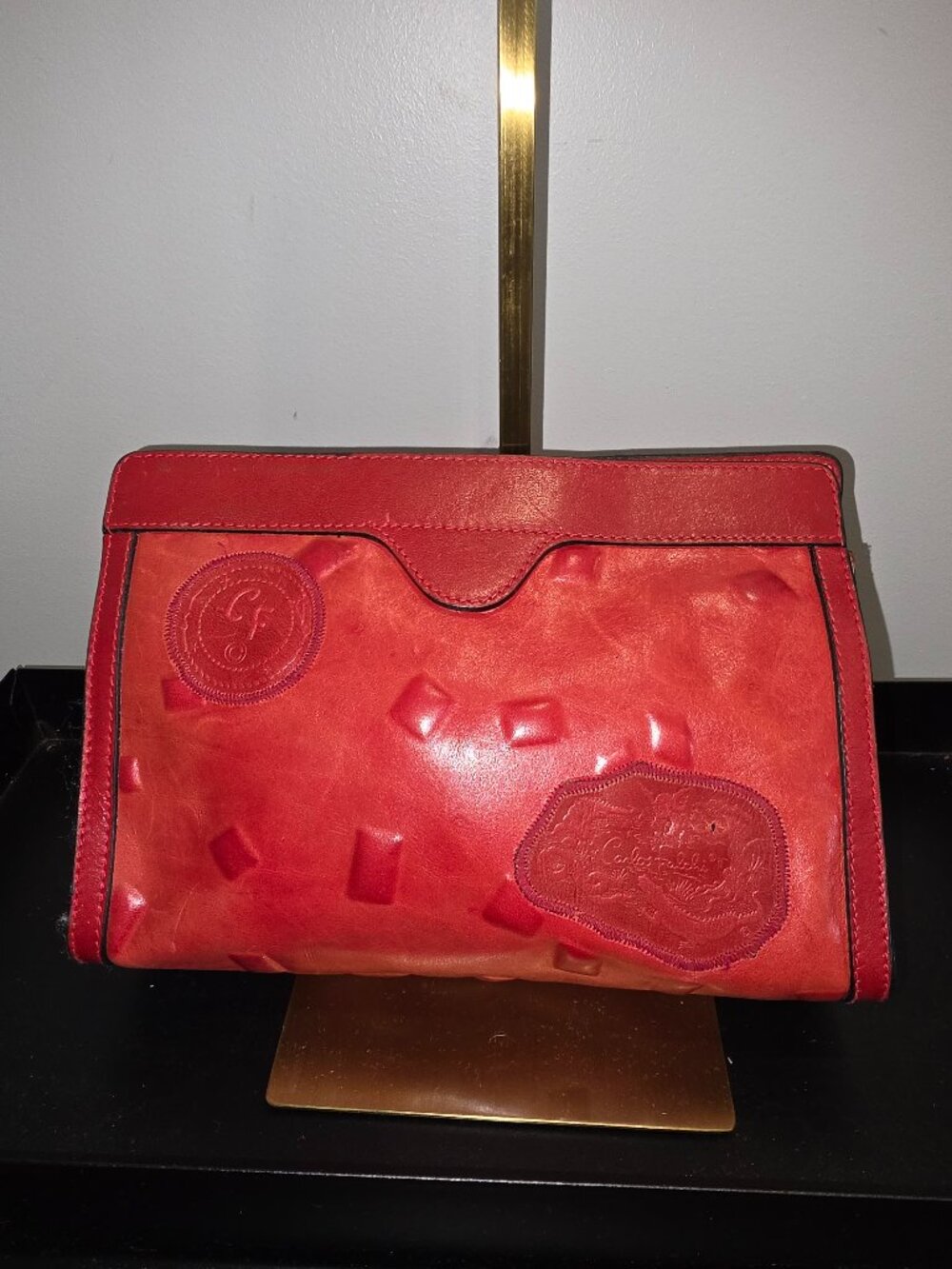 Vintage red leather Carlos Falchi clutch bag